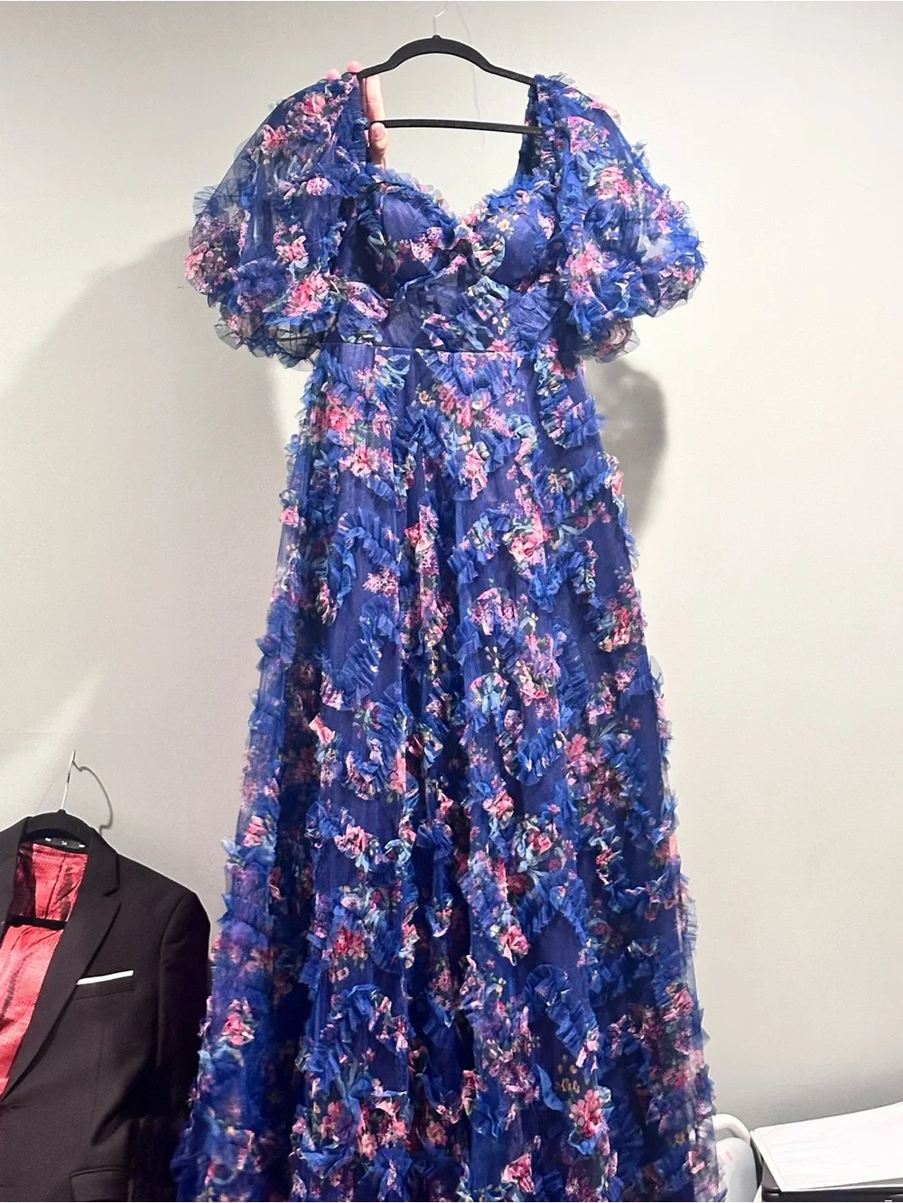 Navy Floral Lace-Up Girls' Formal Dress with Puff Sleeves